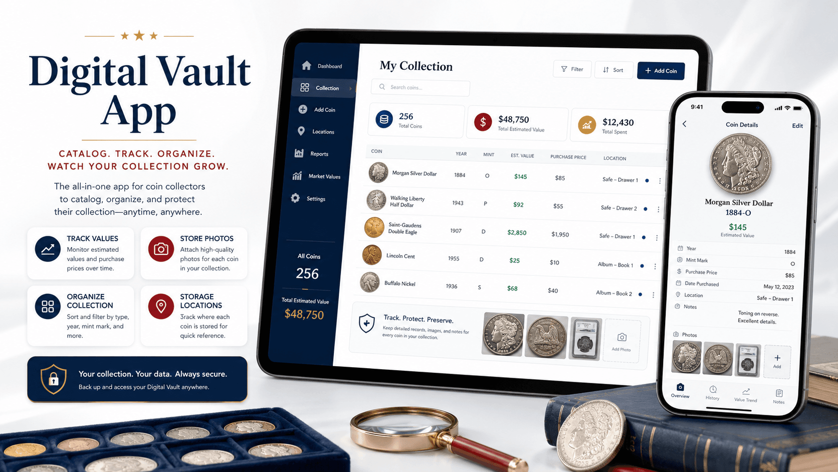 Digital Vault App for organizing and tracking a coin collection