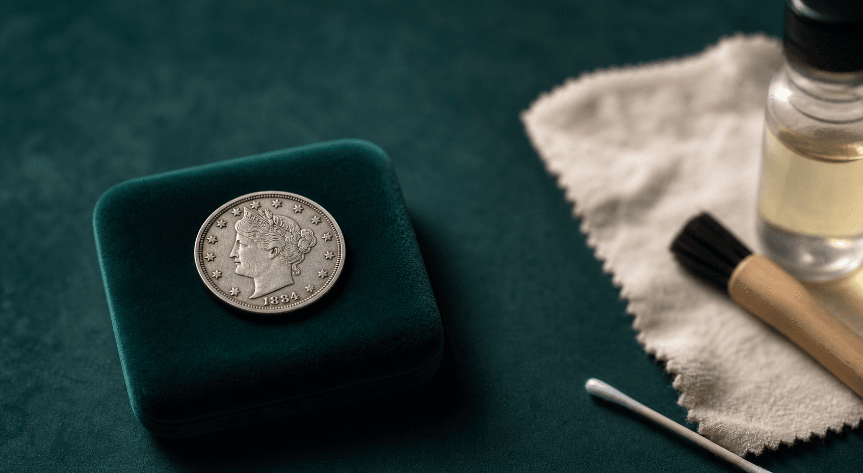 A collectible coin kept separate from cleaning tools on a dark green surface