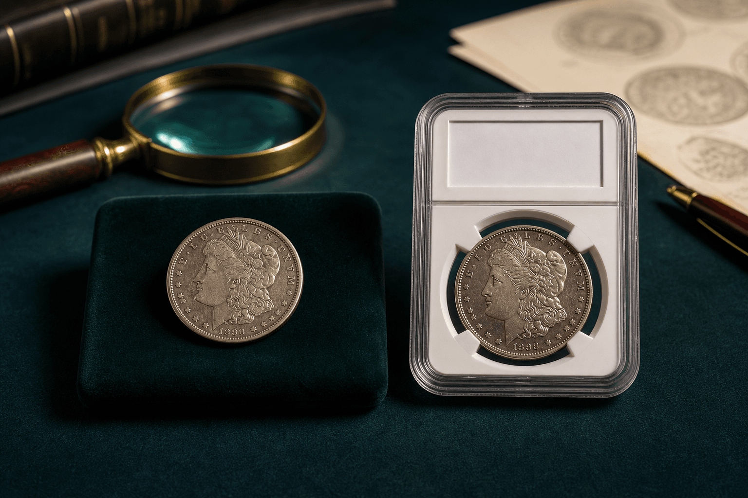 A raw coin beside a certified coin holder on a collector desk