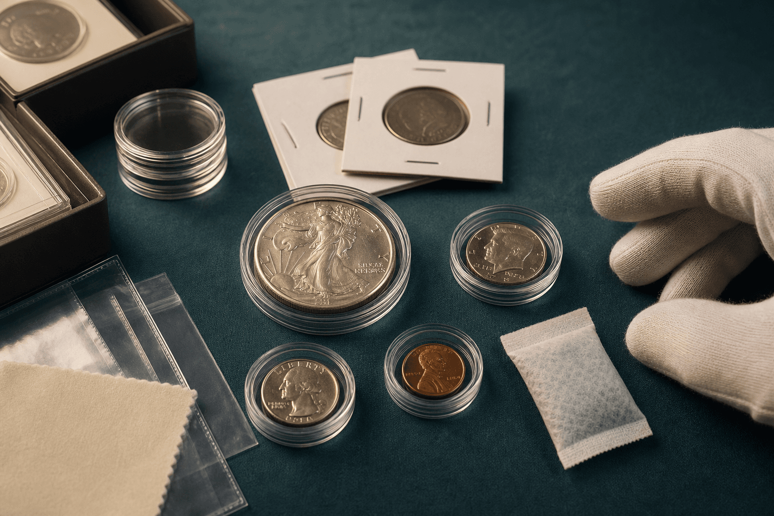 Archival coin capsules, holders, gloves, and silica gel arranged on a collector desk