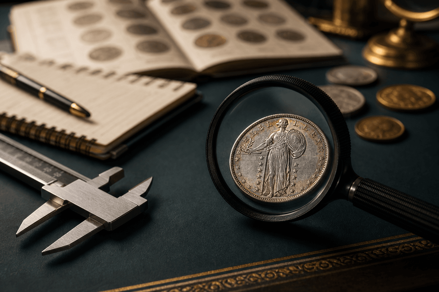 Collectible dollar coin being examined with a magnifying glass